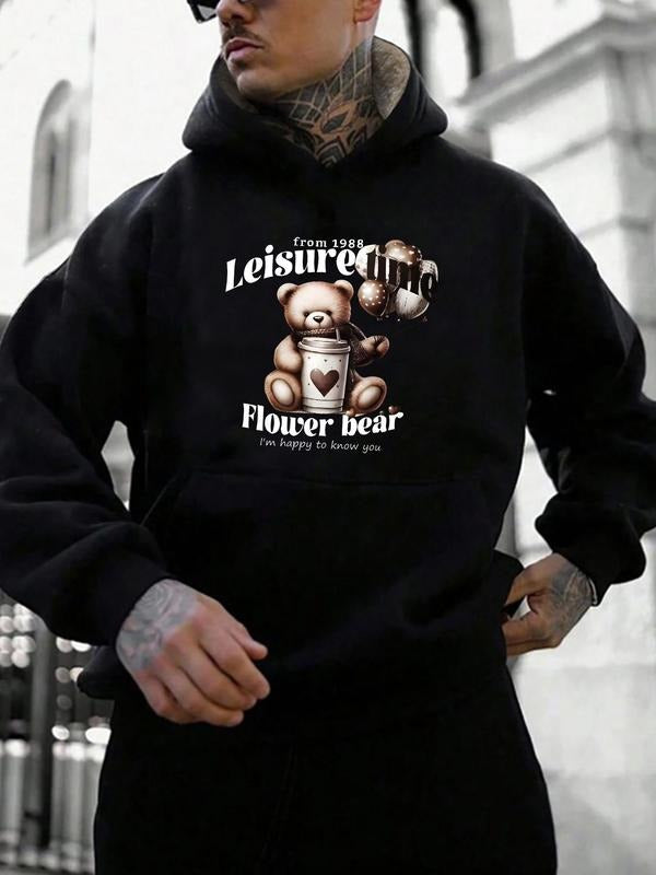 Men's Regular Fit Bear & Letter Print Hoodie, Casual Thermal Lined Graphic Hooded Sweatshirt for Fall & Winter, Men's Top...