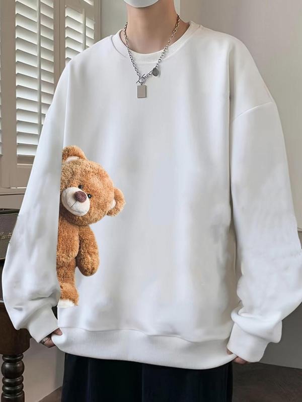 Men's Regular Fit Bear Print Drop Shoulder Sweatshirt, Casual Soft Comfy Long-sleeve Crew Neck Pullover for Fall &...