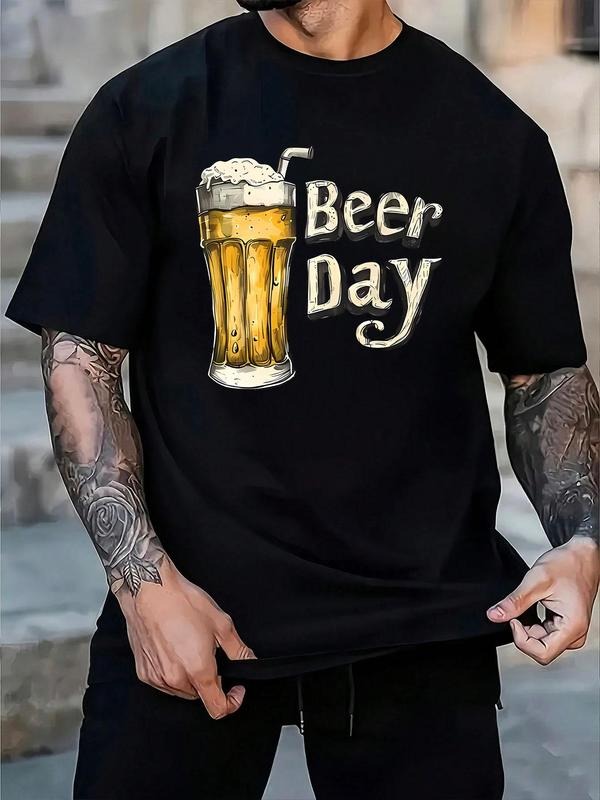 Men's Regular Fit Beer Graphic Print Round Neck Tee, Casual Short Sleeve T-shirt for Summer, Men's Top for Daily Wear,...