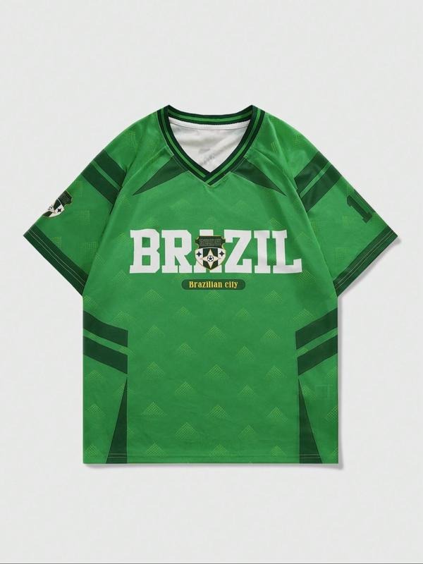 Men's Regular Fit Brazil Print V Neck Tee, Casual Short Sleeve T-shirt for Summer, Men's Top for Daily Wear, Tropical...