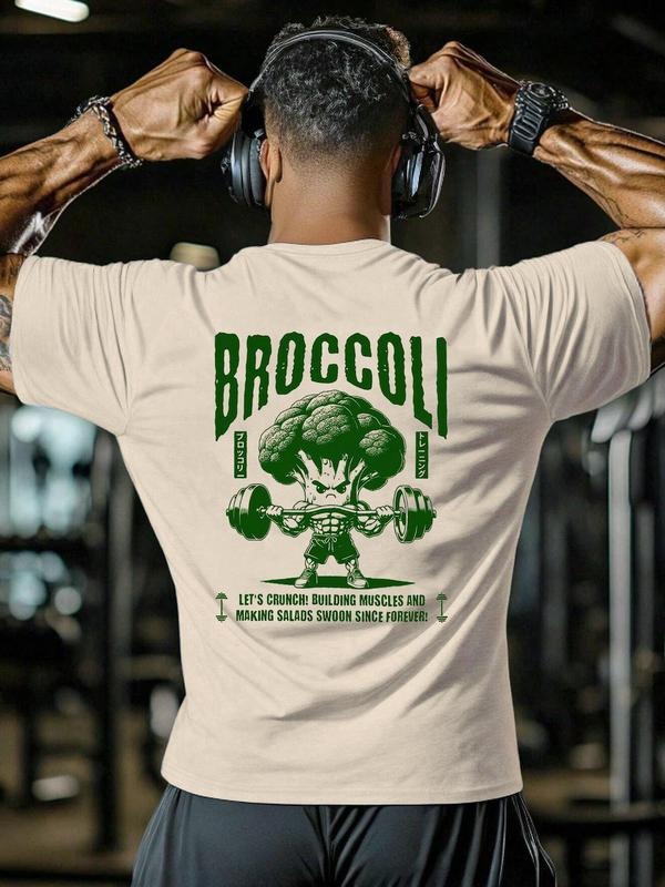 Men's Regular Fit Broccoli Print Round Neck Tee, Casual Short Sleeve Crew Neck T-shirt for Summer, Fashion Men's Top for...
