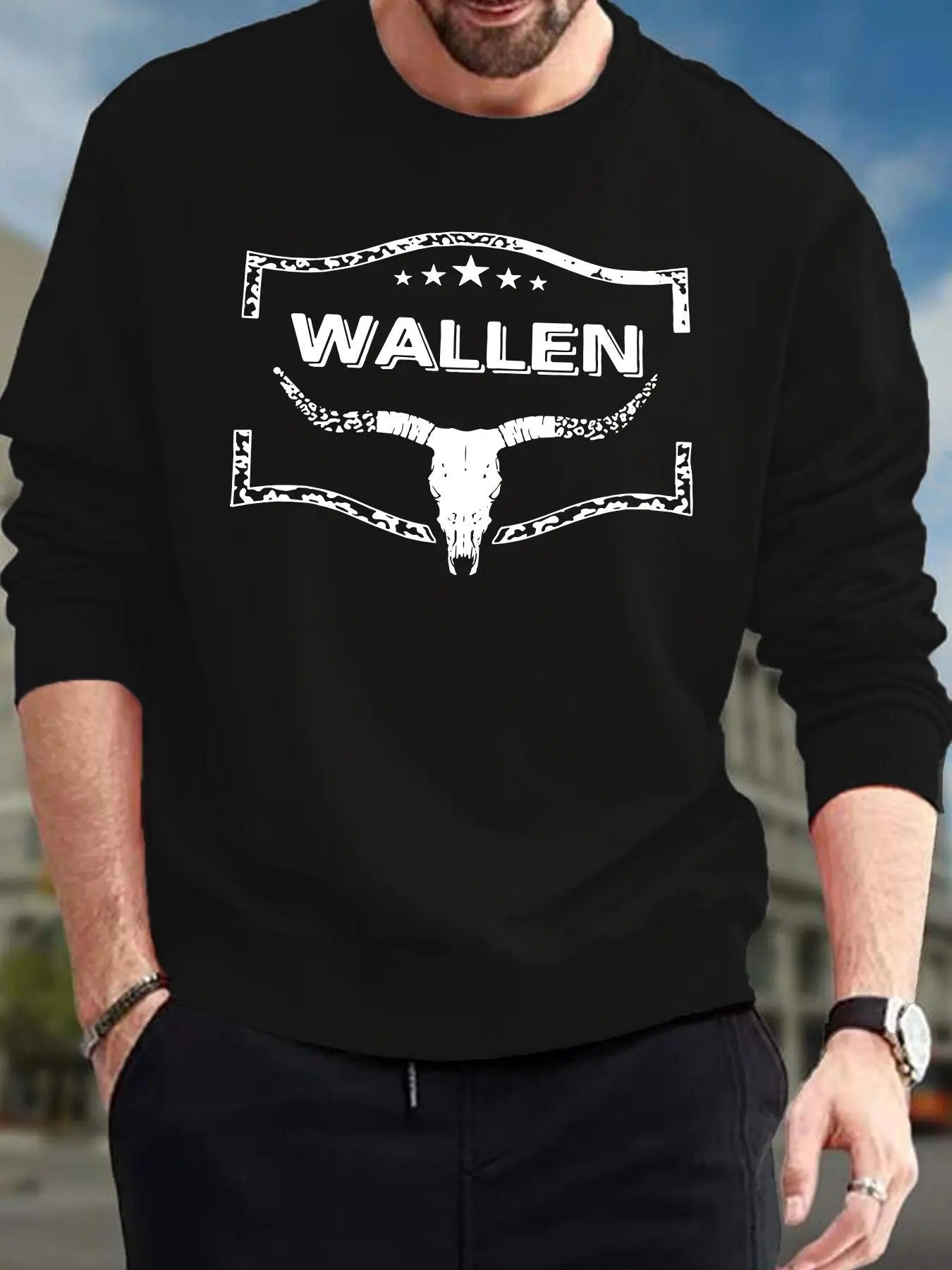 Men's Regular Fit Bull & Star & Letter Print Round Neck Sweatshirt, Casual Long Sleeve Crew Neck Pullover for Fall &...