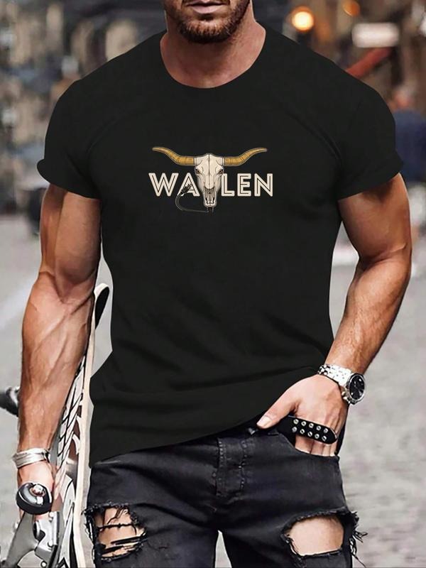 Men's Regular Fit Bull Head Print Round Neck Tee, Casual Short Sleeve Crew Neck T-Shirt for Summer, Fashion Men's Top for...