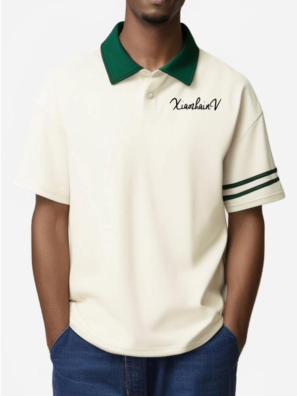 Men's Regular Fit Cartoon & Letter Print Contrast Trim Polo Shirt, Casual Short Sleeve Half Zip Top for Summer, Fashion...