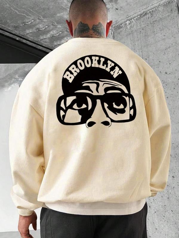 Men's Regular Fit Cartoon & Letter Print Drop Shoulder Sweatshirt, Casual Soft Comfy Long Sleeve Round Neck Pullover for...