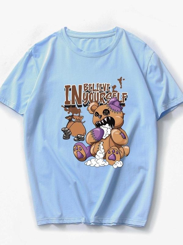 Men's Regular Fit Cartoon Bear Print Short Sleeve Tee, Casual Comfy Round Neck T-Shirt for Summer, Men's Top for Daily...
