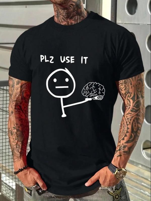 Men's Regular Fit Cartoon Face & Letter Print Round Neck Tee, Casual Comfy Short Sleeve T-shirt for Summer, Mens Clothes...