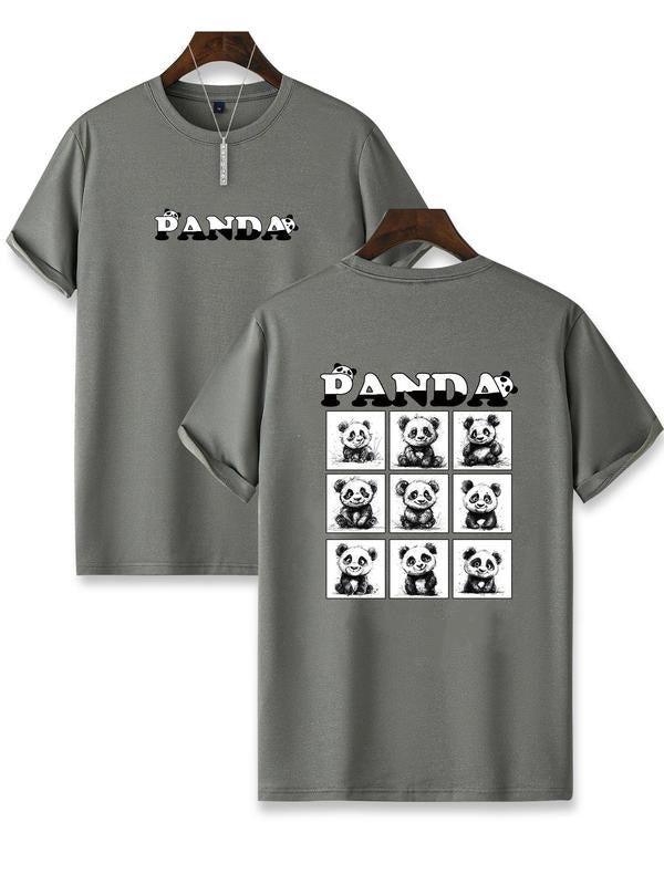 Men's Regular Fit Cartoon Panda & Letter Print Round Neck Tee, Casual Short Sleeve Crew Neck T-Shirt for Daily Wear,...