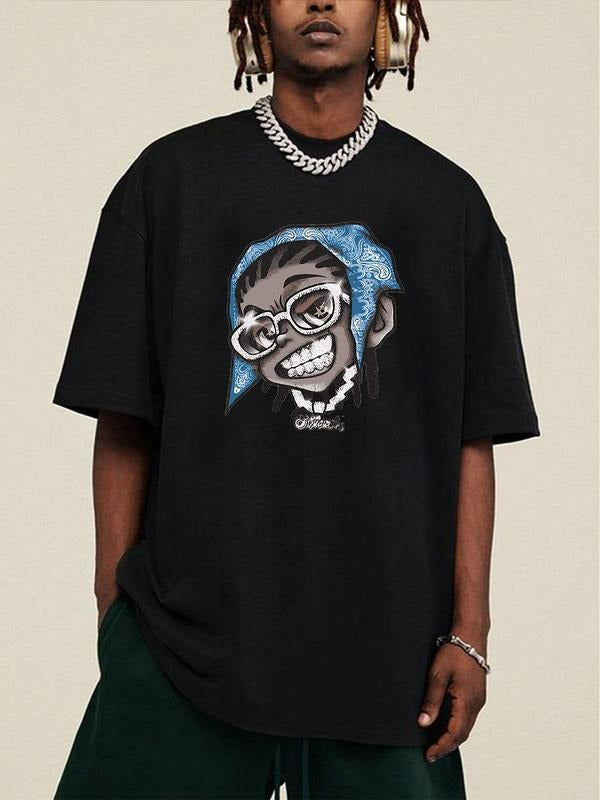 Men's Regular Fit Cartoon Print Round Neck Tee, Casual Street Short Sleeve T-shirt for Summer, Menswear for Daily Wear,...