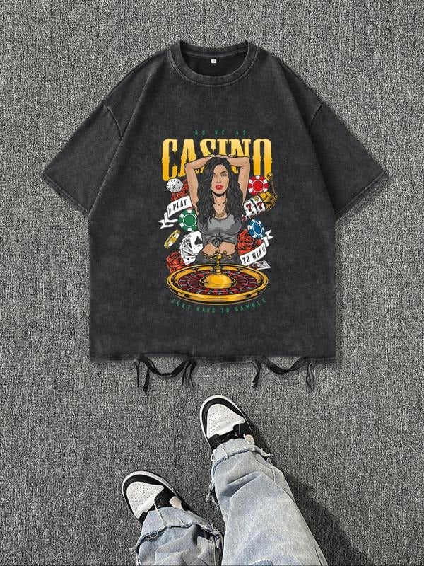 Men's Regular Fit Casino & Letter Print Round Neck Tee, Vintage Trendy Casual Short Sleeve T-shirt for Daily Wear, Ladies...