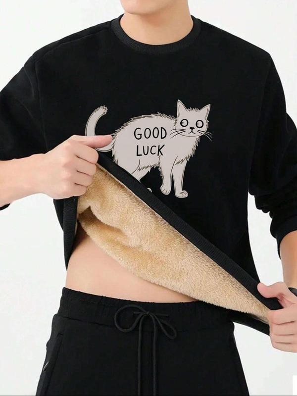 Men's Regular Fit Cat & Letter Print Drop Shoulder Sweatshirt, Casual Soft Comfy Long Sleeve Round Neck Pullover for Fall...
