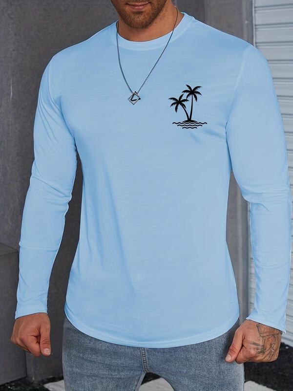 Men's Regular Fit Coconut Tree Print Round Neck Tee, Casual Long Sleeve Crew Neck T-Shirt for Spring & Fall, Men's Top...