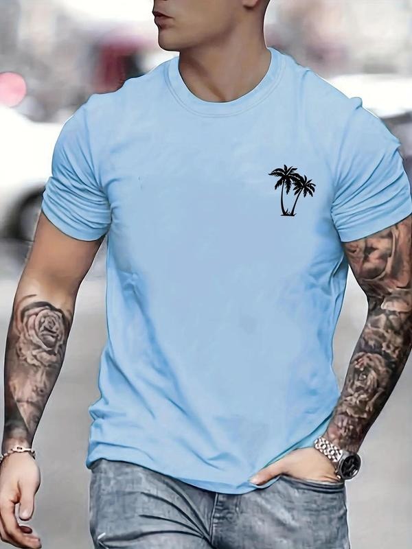 Men's Regular Fit Coconut Tree Print Round Neck Tee, Summer Clothes, Casual Short Sleeve Crew Neck T-Shirt for Summer,...