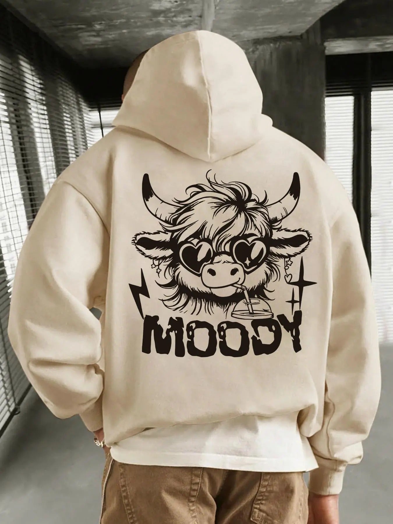 Men's Regular Fit Cow & Letter Print Thermal Lined Hoodie, Casual Cozy Soft Comfy Long Sleeve Hooded Sweatshirt for...