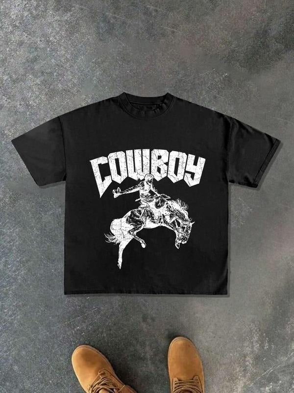 Men's Regular Fit Cowboy Graphic Print Round Neck Tee, Casual Short Sleeve T-shirt for Daily Wear, Men's Top for Summer,...