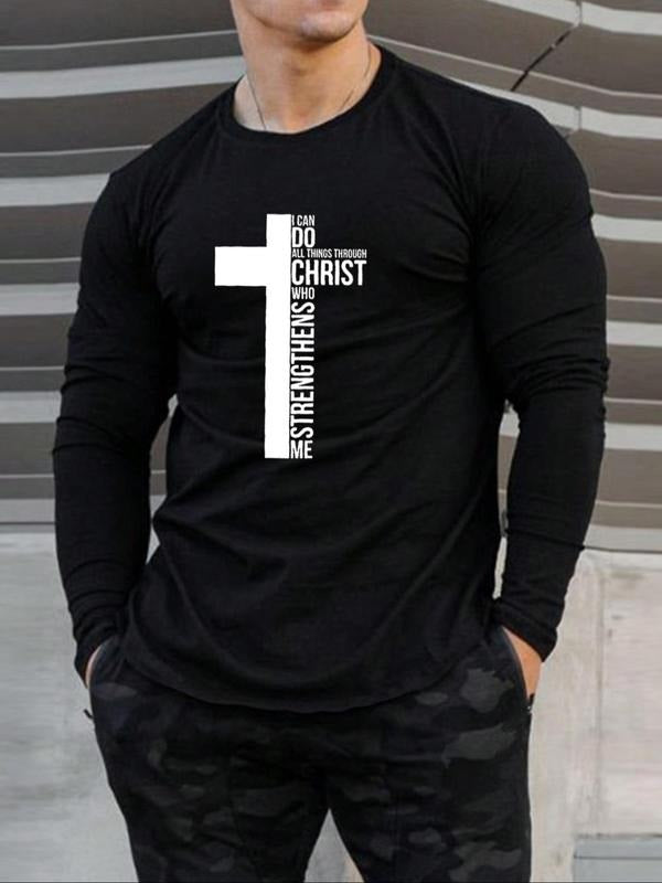 Men's Regular Fit Cross & Letter Print Drop Shoulder Tee, Casual Soft Comfy Long Sleeve Round Neck T-Shirt for All...