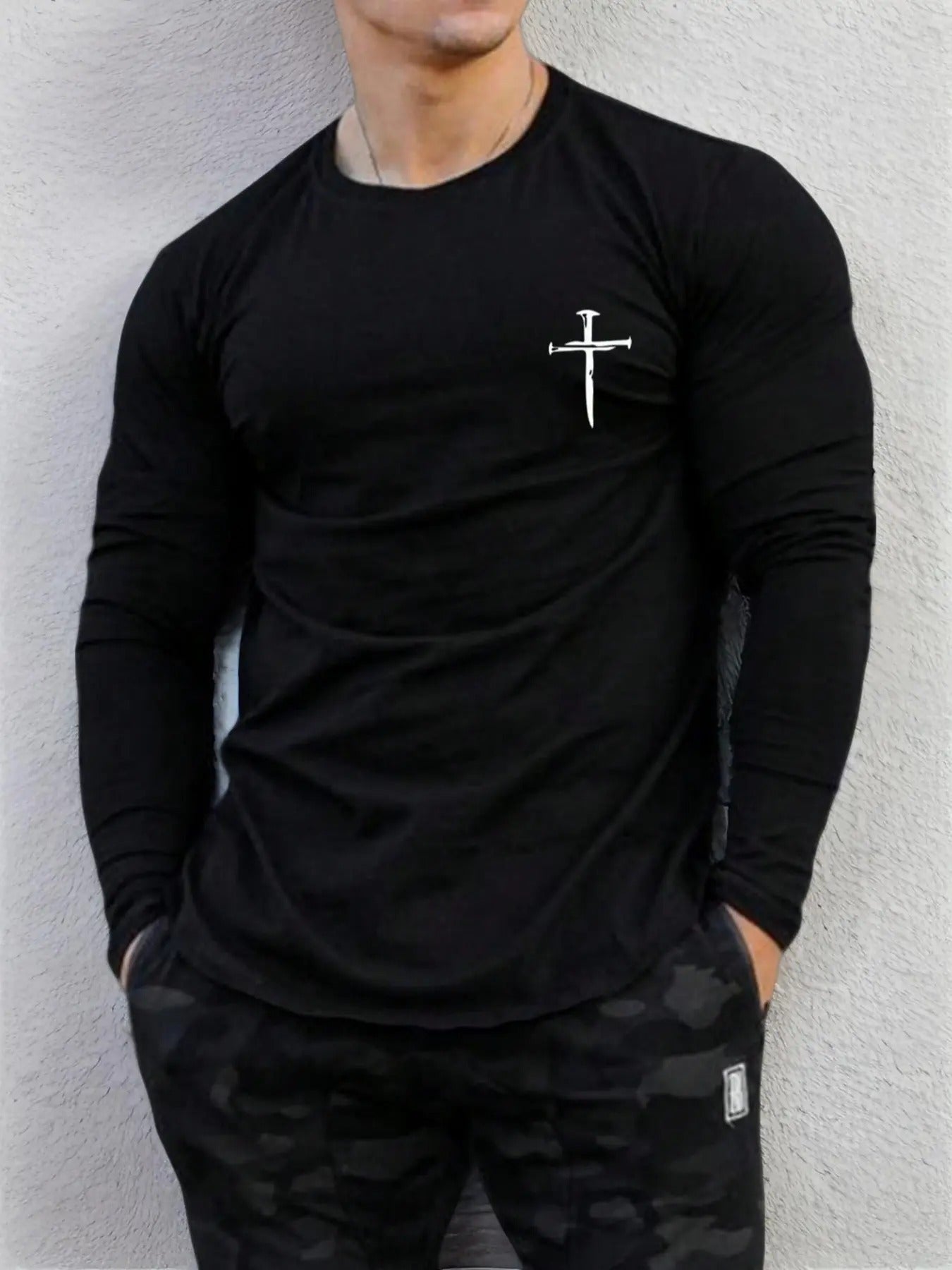 Men's Regular Fit Cross Print Round Neck Long Sleeve Tee, Crew Neck T-Shirt For All Seasons, Casual Men's Top For Daily...