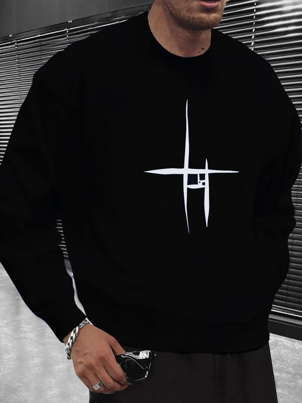 Men's Regular Fit Cross Print Round Neck Sweatshirt, Casual Long Sleeve Crew Neck Pullover for Fall & Winter, Fashion...