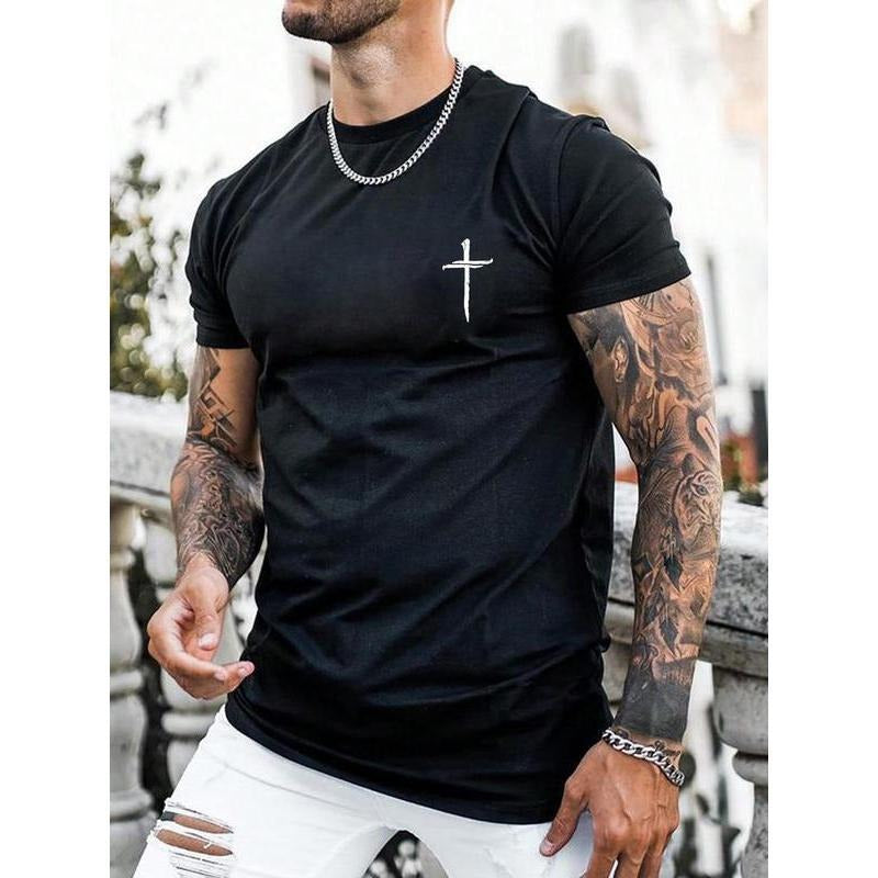 Men's Regular Fit Cross Print Short Sleeve Tee, Casual Graphic Round Neck T-Shirt for Summer, Fashion Men's Streetwear...