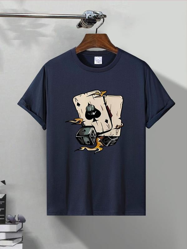 Men's Regular Fit Dice & Letter Print Round Neck Graphic Tee, Casual Short Sleeve T-shirt for Summer, Men's Top for Daily...