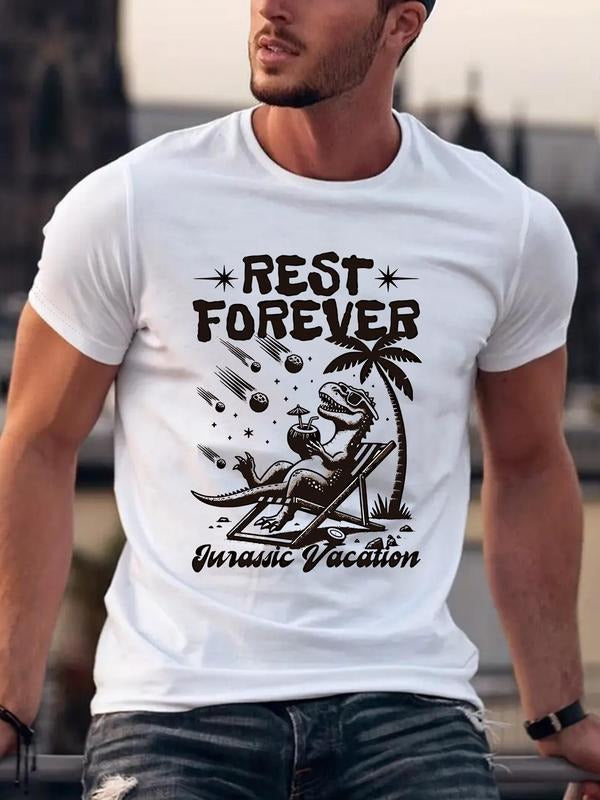 Men's Regular Fit Dinosaur & Letter Print Round Neck Tee, Casual Short Sleeve T-shirt for Daily Wear, Men's Top for All...