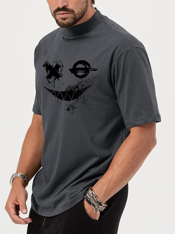 Men's Regular Fit Fashionable Graphic Mock Neck Tee, Summer Clothes, Stand Collar Short Sleeve T-Shirt, Casual Street...