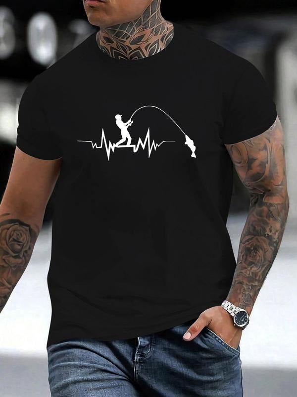 Men's Regular Fit Fishing Print Round Neck Tee, Short Sleeve Crew Neck Graphic T-Shirt For Summer, Fashion Comfy Men's...