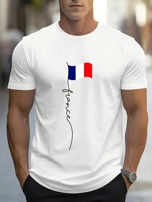 Men's Regular Fit France Flag Print Round Neck Tee, Casual Short Sleeve Crew Neck T-shirt for Daily Wear, Men's Top for...