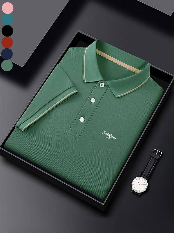 Men's Regular Fit Geometric Print Contrast Trim Polo Shirt, Casual Short Sleeve Half Zip Top for Summer, Fashion Men's...