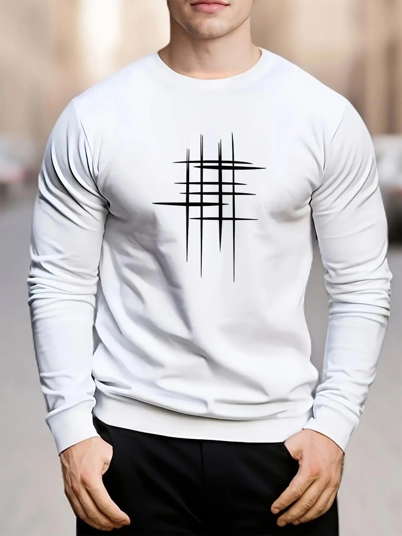 Men's Regular Fit Geometric Print Drop Shoulder Sweatshirt, Casual Soft Comfy Long Sleeve Round Neck Pullover for Daily...