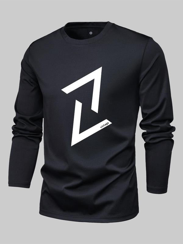 Men's Regular Fit Graphic Round Neck Long Sleeve Tee, Crew Neck T-Shirt For All Seasons, Casual Men's Top For Outdoor...