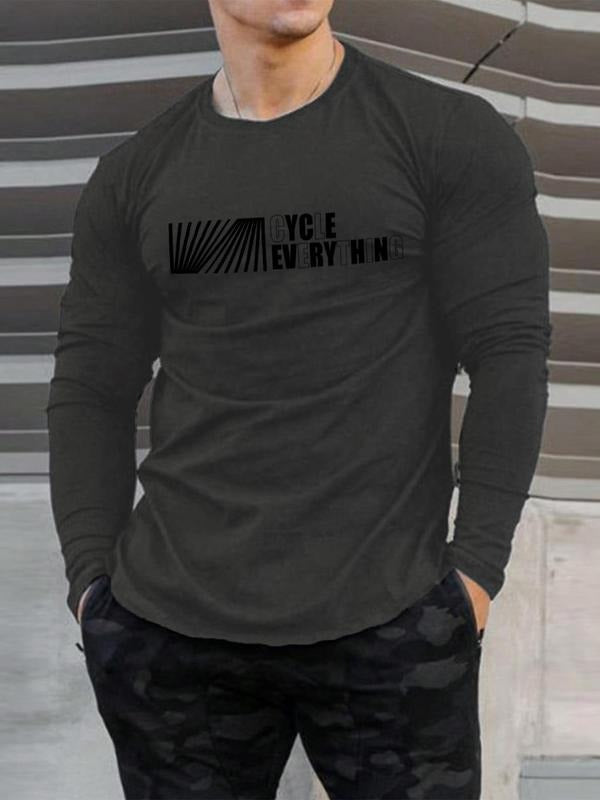 Men's Regular Fit Graphic Round Neck Long Sleeve Tee, Letter Print Crew Neck T-Shirt For All Seasons, Casual Men's Top...
