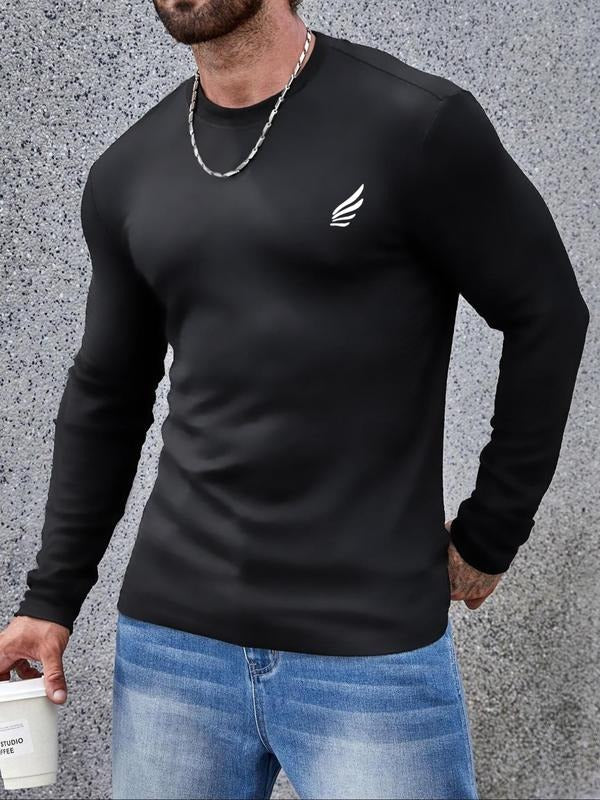 Men's Regular Fit Graphic Round Neck Tee, Casual Wing Print Long Sleeve Crew Neck T-Shirt for Fall & Winter, Men's Top...