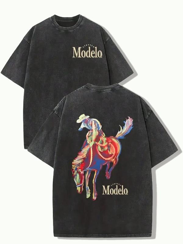Men's Regular Fit Horse & Letter Print Short Sleeve Graphic Tee, Casual Street Round Neck T-shirt for Daily Wear,...