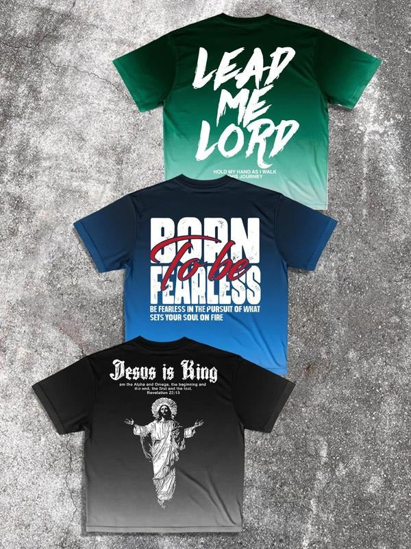 Men's Regular Fit Jesus Is King & Letter Print Round Neck Tee, Casual Short Sleeve Crew Neck T-shirt for Daily Wear,...