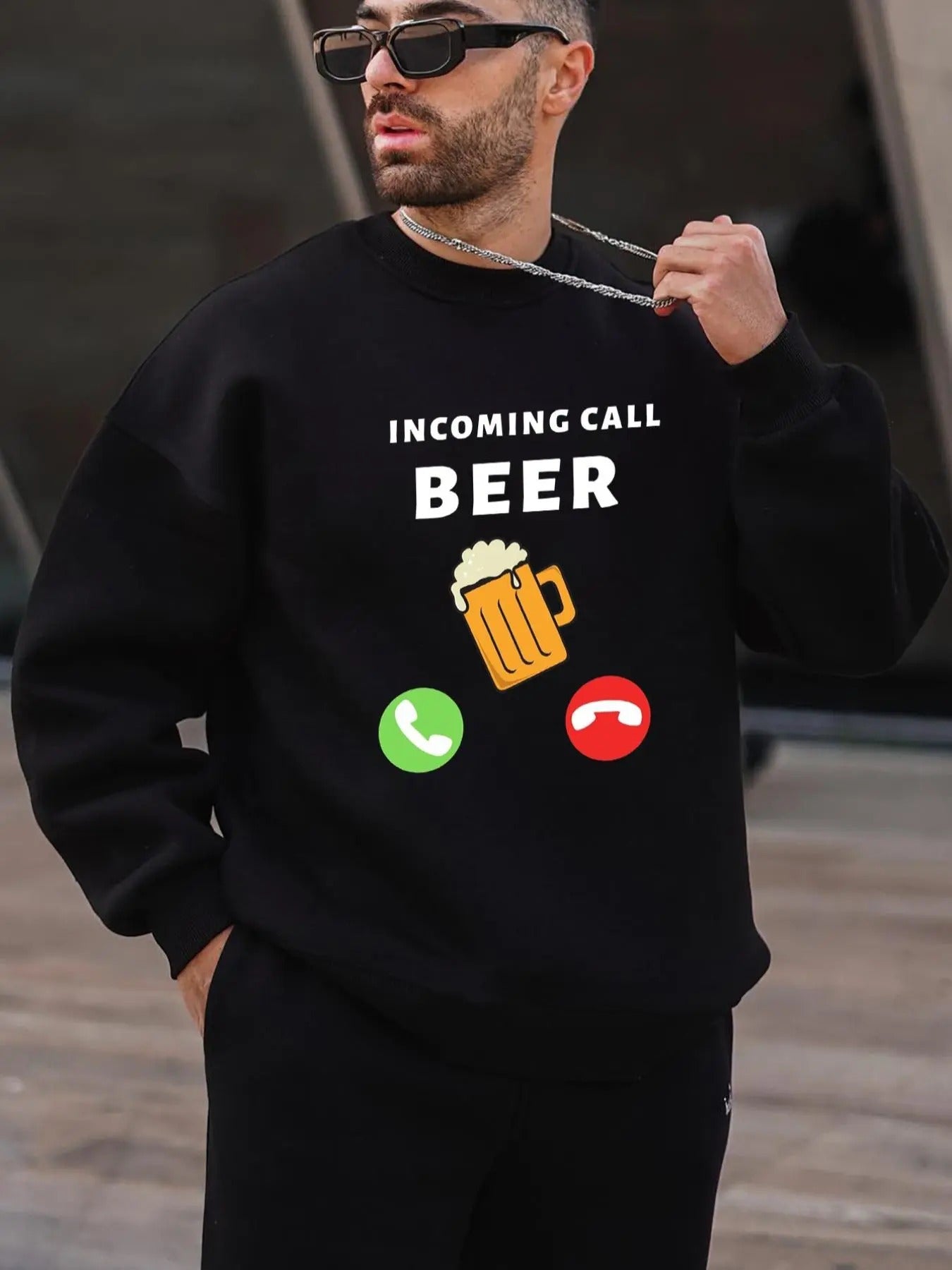 Men's Regular Fit Letter & Beer Print Drop Shoulder Sweatshirt, Casual Long Sleeve Round Neck Pullover for Fall & Winter,...