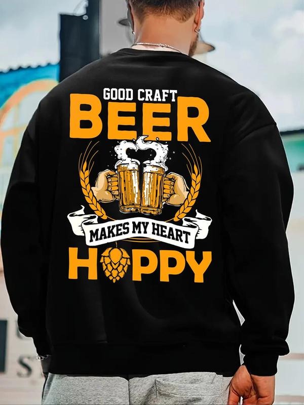 Men's Regular Fit Letter & Beer Print Drop Shoulder Sweatshirt, Casual Soft Comfy Long Sleeve Round Neck Pullover for...