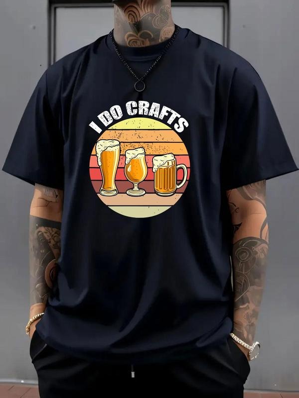 Men's Regular Fit Letter & Beer Print Round Neck Tee, Casual Short Sleeve Crew Neck T-shirt for Daily Wear, Men's Top for...