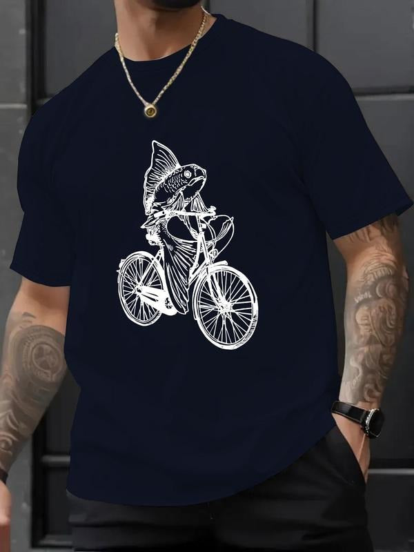 Men's Regular Fit Letter & Bicycle Print Round Neck Graphic Tee, Casual Short Sleeve T-shirt for Summer, Menswear for...