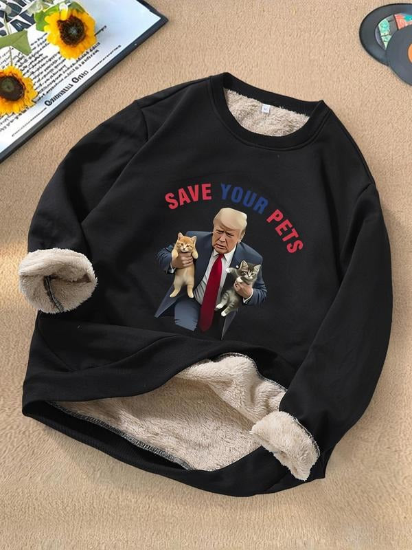 Men's Regular Fit Letter & Cat Print Drop Shoulder Sweatshirt, Casual Long Sleeve Round Neck Pullover for Fall & Winter,...