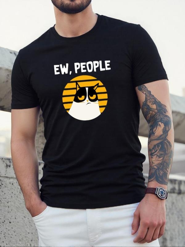 Men's Regular Fit Letter & Cat Print Round Neck Tee, Casual Short Sleeve Crew Neck T-shirt for Daily Wear, Men's Top for...