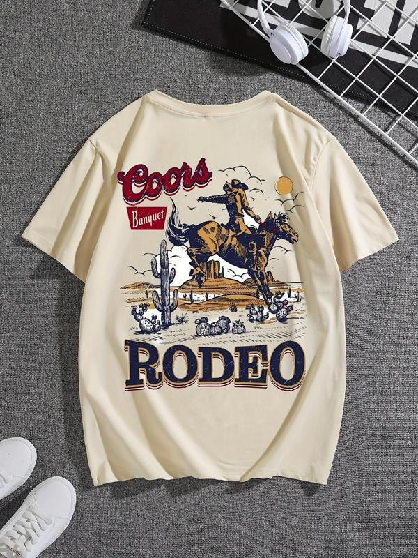 Men's Regular Fit Letter & Cowboy Print Round Neck Tee, Casual Short Sleeve Crew Neck T-shirt for Summer, Fashion Men's...