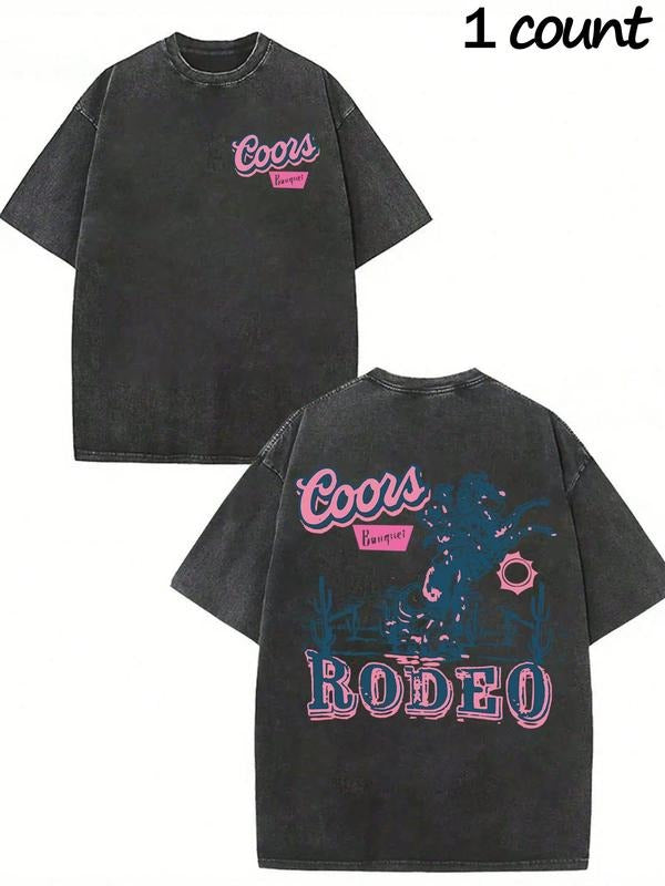 Men's Regular Fit Letter & Cowboy Print Round Neck Tee, Street Fashion Casual Short Sleeve T-Shirt for Daily Wear,...