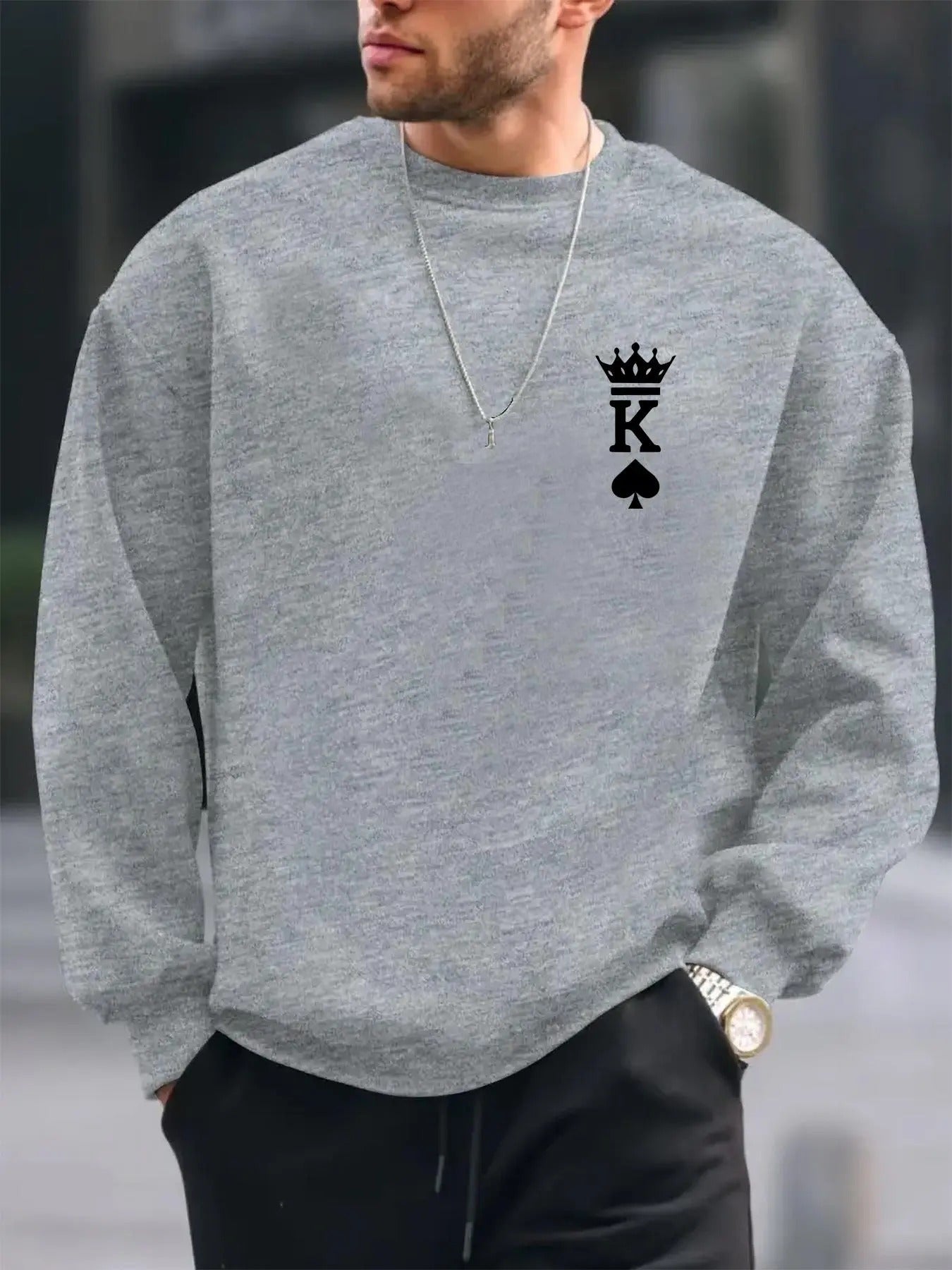 Men's Regular Fit Letter & Crown Print Round Neck Sweatshirt, Casual Long Sleeve Crew Neck Pullover for Daily Wear,...