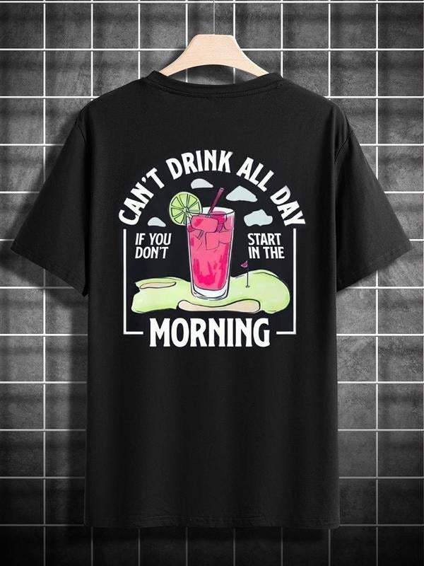 Men's Regular Fit Letter & Drink Print Round Neck Tee, Casual Short Sleeve Crew Neck T-shirt for Summer, Fashion Men's...