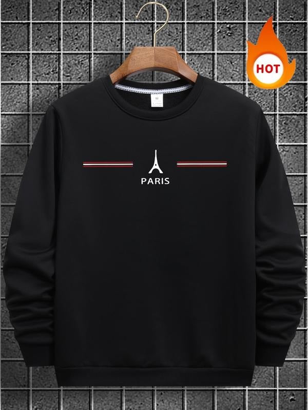 Men's Regular Fit Letter & Eiffel Tower Print Thermal Lined Sweatshirt, Casual Long Sleeve Crew Neck Pullover for Fall &...