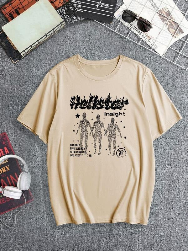 Men's Regular Fit Letter & Fire Print Round Neck Tee, Casual Short Sleeve Crew Neck T-Shirt for Summer, Fashion Men's Top...