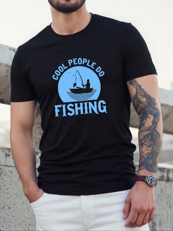 Men's Regular Fit Letter & Fishing Print Round Neck Tee, Casual Short Sleeve Crew Neck T-shirt, Fashion Men's Top for All...