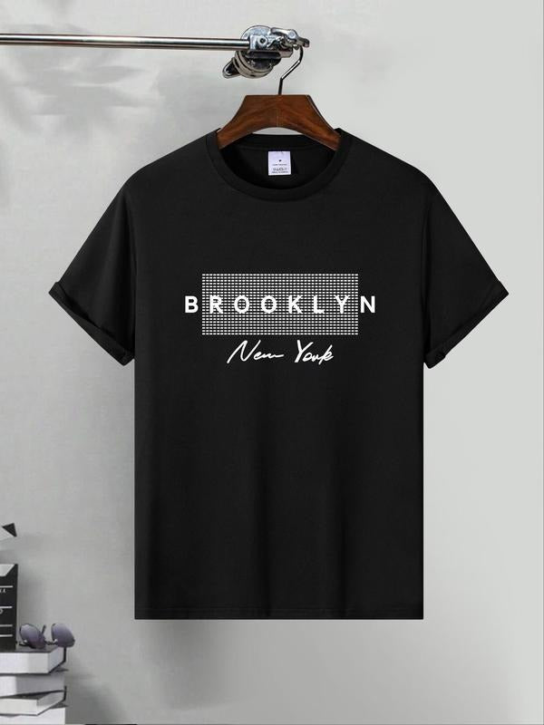 Men's Regular Fit Letter & Geometric Print Round Neck Tee, Casual Short Sleeve Crew Neck T-shirt for Summer, Fashion...