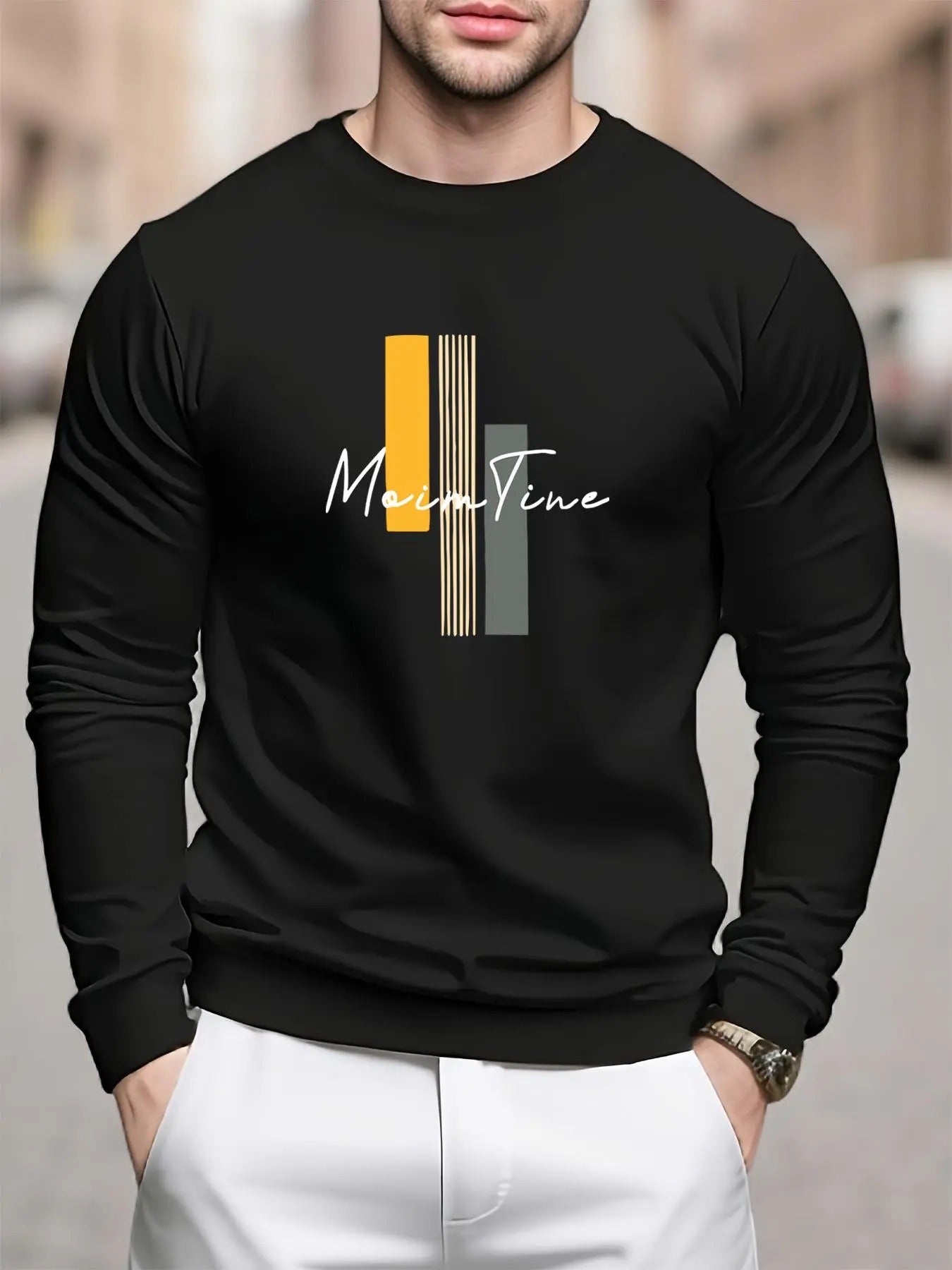 Men's Regular Fit Letter & Line Print Round Neck Sweatshirt, Casual Long Sleeve Crew Neck Pullover for Daily Wear,...
